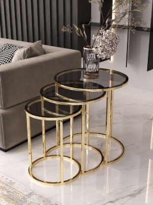 Gold Metal Füme Cam 3 lü Zigon Sehpa
