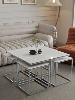 4+1 Yavrulu Gümüş  Metal – Beyaz Mdf Orta Sehpa usta84