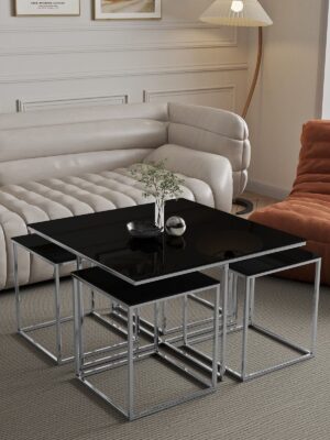 4+1 Yavrulu Gümüş Metal – Siyah Cam Orta Sehpa usta86