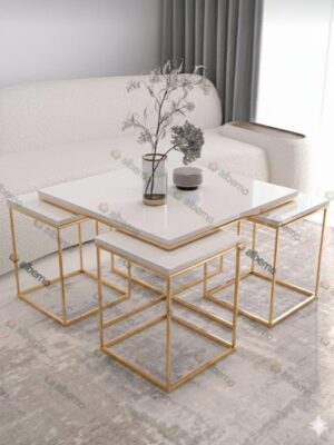 4+1 Yavrulu Gold   Metal - Beyaz Mdf Orta Sehpa