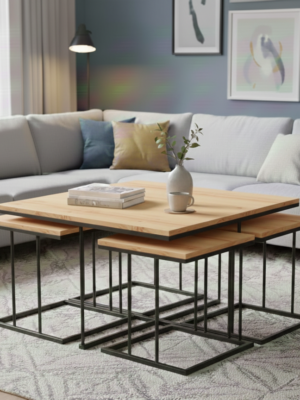 4+1 Yavrulu Siyah  Metal – Ceviz Mdf Tablalı Orta Sehpa usta83