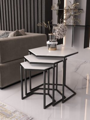 Altıgen Siyah Metal Beyaz Mdf Tablalı 3lü Zigon Sehpa