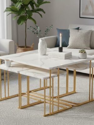 Seul 5 li Tekerli Gold Beyaz Mermer Desen Yavrulu 4+1 Kare Orta Sehpa