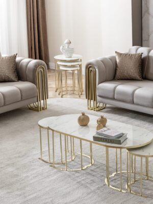Lotus Gold Marmo Lak Panel 2+1 Orta Sehpa + Zigon Sehpa Seti
